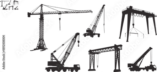 Construction cranes, silhouette set, tower crane, mobile crane, gantry crane, lifting equipment, industrial machinery, building, engineering, vector