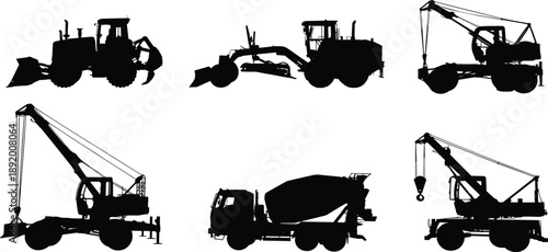 Construction vehicles silhouettes, bulldozer, motor grader, wheel loader, heavy machinery, earthmoving equipment, industrial machines, construction site illustration
