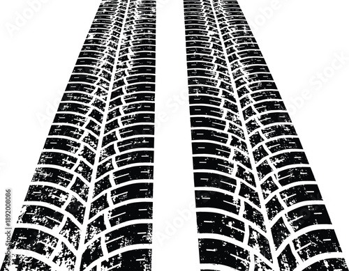 Grungy black tire track treads with realistic worn texture and perspective for automotive racing and off-road branding vector