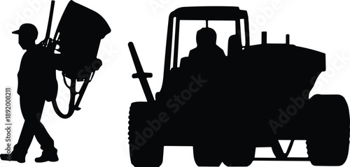 Construction worker silhouette carrying cement mixer beside heavy machinery, industrial labor scene, road construction equipment, teamwork, infrastructure development illustration