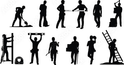 Construction worker silhouette icon set showing builders measuring digging lifting and repairing with tools isolated on white background for industry design