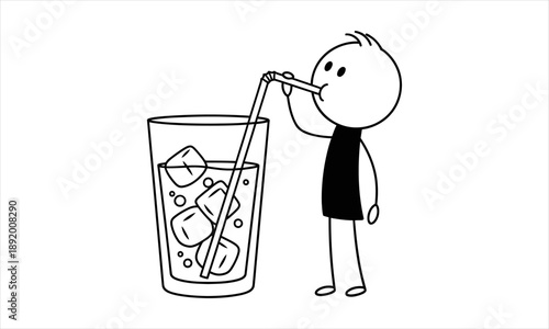 Stick figure drinking a cold beverage with ice cubes and straw