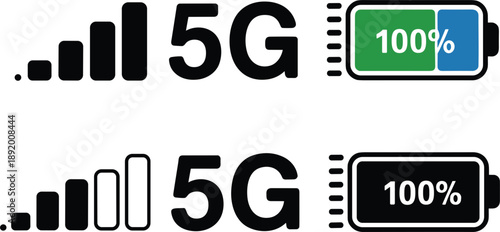 5G signal strength and battery icons with partial battery charge Keywords: 5G, signal, strength, bars, battery, charge, 100