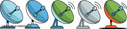 Collection of Five Cartoon Satellite Dishes in Various Colors antenna communication