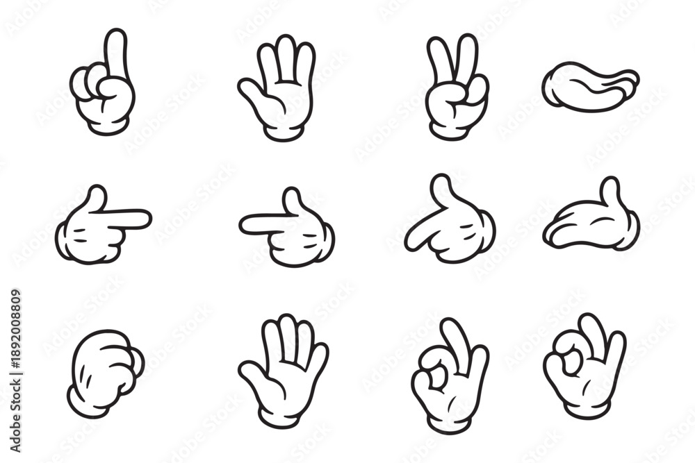 Fototapeta premium Cartoon hand gestures, white gloves illustration, expressive finger signs, classic animation style, pointing, thumbs up, peace sign, symbolic hands, playful design, vector icons