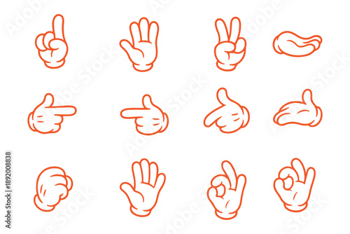 Cartoon hand gestures, white gloves illustration, expressive finger signs, classic animation style, pointing, thumbs up, peace sign, symbolic hands, playful design, vector icons