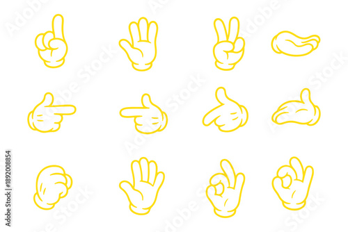 Cartoon hand gestures, white gloves illustration, expressive finger signs, classic animation style, pointing, thumbs up, peace sign, symbolic hands, playful design, vector icons