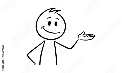 Charming doodle stick figure offering a concept with an open palm gesture and a happy smile