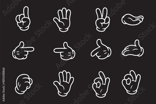Cartoon hand gestures, white gloves illustration, expressive finger signs, classic animation style, pointing, thumbs up, peace sign, symbolic hands, playful design, vector icons