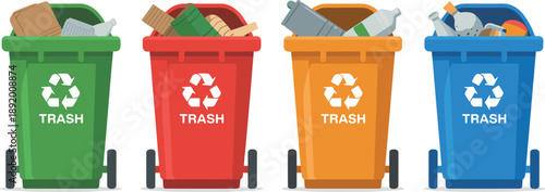Four Labeled Trash Cans With Recycling Symbols And Contents garbage bins waste disposal