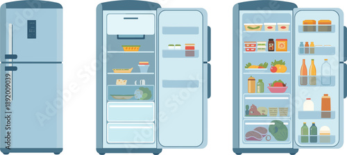 Light Blue Refrigerator With Open and Closed Doors Showing Food Contents fridge kitchen appliance