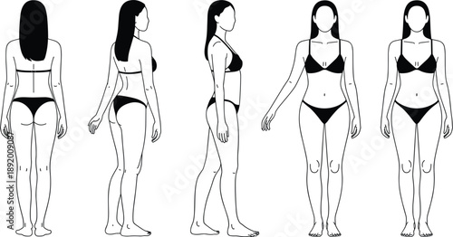 Line Art Drawings of a Female Figure in Underwear from Five Different Angles woman body