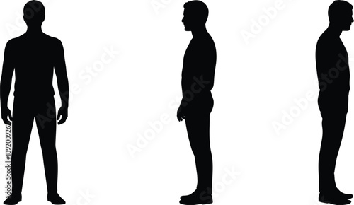 Silhouette of a Man in Front, Side, and Back Views on White Background Keywords: man, silhouette, male, person, human, figure