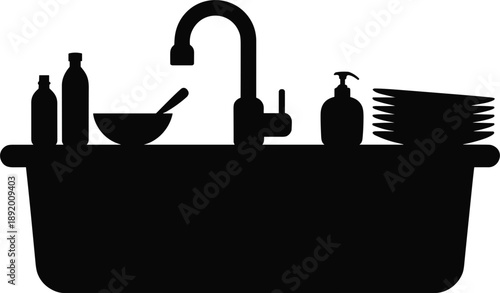 Silhouette of Kitchen Sink with Dishes and Cleaning Supplies Keywords: sink, kitchen, silhouette, black and white, dishes