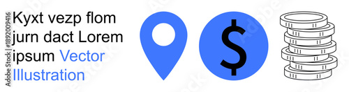 Financial planning, money transactions, economic growth, online payments, saving strategies, location-based services. Blue pin, dollar sign and coins. Financial planning and money transactions