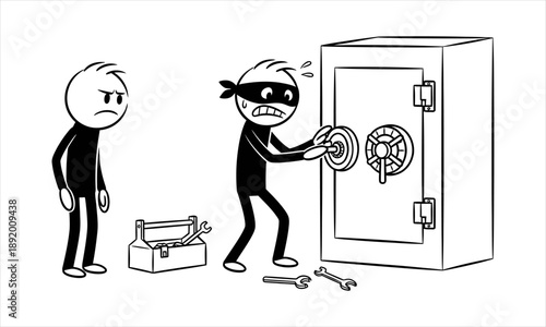 Nervous cartoon thief struggles to crack a secure safe, unaware of the angry owner watching