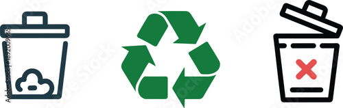 Three icons representing trash cans and recycling symbol on white background Keywords: trash can, bin, recycle, recycling, waste