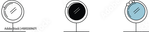 Three oval vanity mirrors with stands in outline, silhouette, and colored variations Keywords: mirror, vanity mirror, makeup