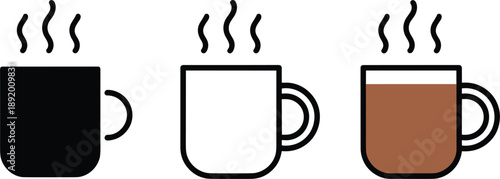 Three Steaming Mugs in Black White and Brown drink beverage