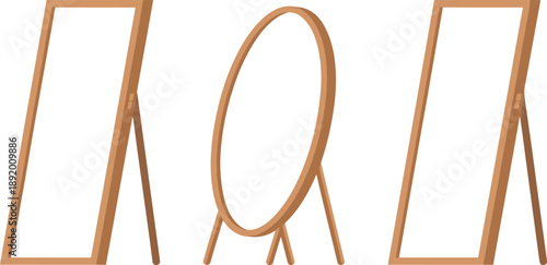 Three Wooden Framed Mirrors One Oval and Two Rectangular on White Background oval mirror rectangular mirror