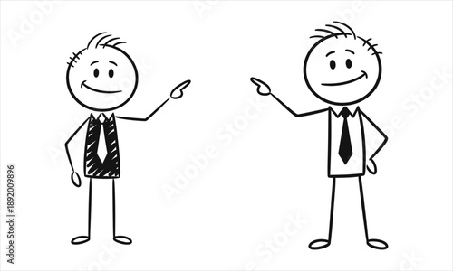 Two business stickman characters pointing right, ideal for presentations or informative graphic designs