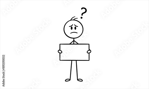 Stick figure experiencing confusion and uncertainty, holding a blank sign, symbolizing a question, a problem, or a search for answers and solutions