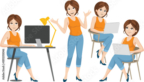 Woman in Orange Top and Blue Pants in Four Poses with Laptop and Desk Keywords: woman, female, person, illustration, character