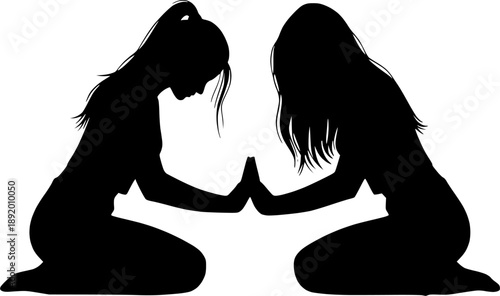 Two women silhouettes kneeling face to face and touching hands in mirror reflection style, design for yoga studio branding, mental health awareness posters and partnership concepts. Transparent EPS.