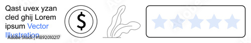 Finance, review system, monetary transactions, business evaluation, customer feedback, online rating. A dollar symbol, decorative plant and five-star rating box. Finance and review system concept