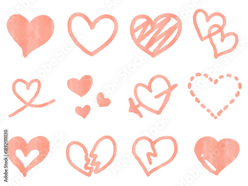 淡いピンクの手描きハートアイコンセット 透過背景のラフ線画・割れハート入り感情表現ベクター素材/Soft Pink Hand-Drawn Heart Icon Set Rough Line Love and Broken Heart Vector Isolated
