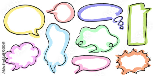 カラフル線画の吹き出しフレームセット 透過背景の漫画風フキダシ・思考バブル装飾 ベクター素材/Colorful Hand-Drawn Speech Bubble Frame Set Comic Style Thought and Talk Balloons Vector Isolated