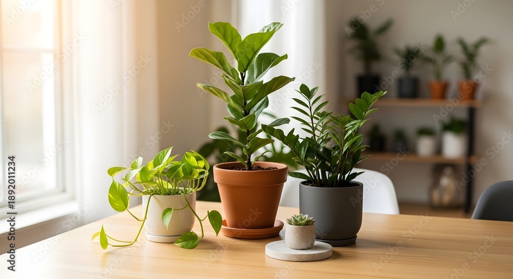 Fototapeta premium A serene collection of thriving houseplants bathed in warm natural light, creating a refreshing and peaceful ambiance within a modern home interior
