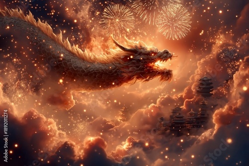 Majestic celestial dragon amid glowing clouds and vibrant fireworks over ancient temples