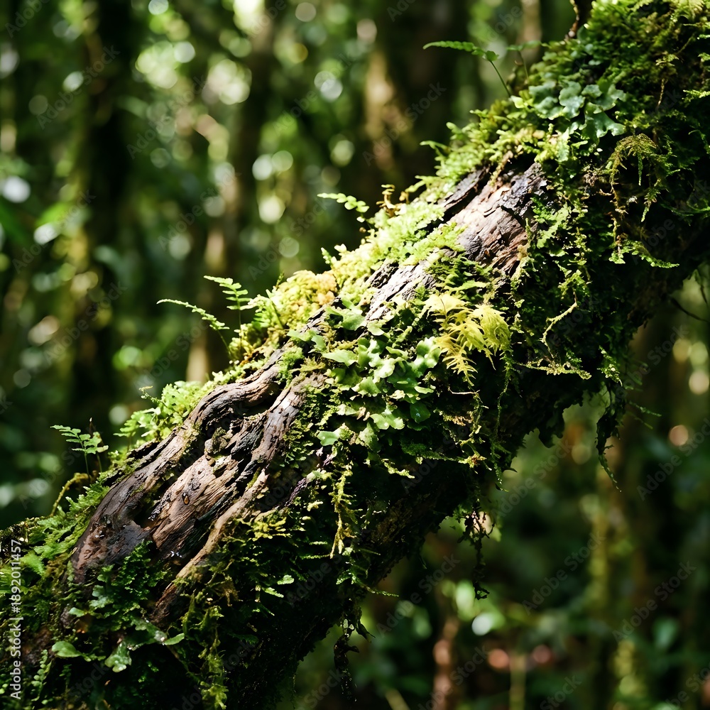 Fototapeta premium Vibrant Green Moss and Ferns on an Old Tree Branch in a Lush Tropical Forest 4K