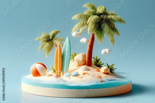 Miniature Tropical Paradise with Surfboards, Palm Trees, and Ocean Waves