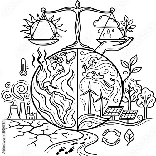 Earth's Balance: A stark illustration contrasts environmental threats with sustainable solutions. Depicting the delicate balance between destruction and preservation, it's a visual call to action.