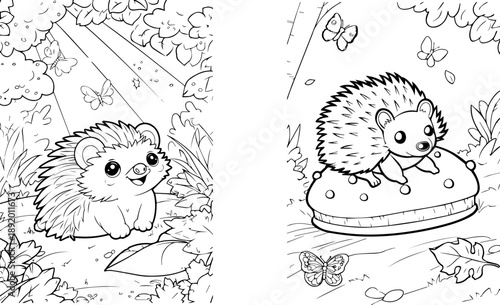 Playful Hedgehogs in a Forest: Two adorable hedgehogs frolic in a vibrant forest, their playful nature and enchanting surroundings make this scene a captivating depiction of the wild. 