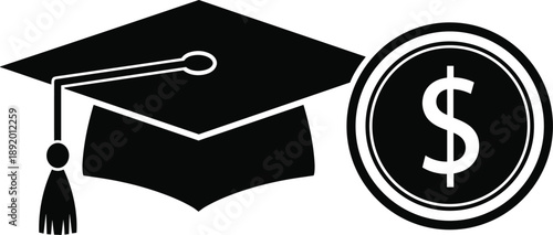 Black graduation cap with tassel and dollar coin symbol white