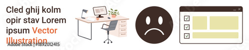 Remote work, productivity, office setup, digital organization, workplace mood, concept design. Wooden desk with office items, sad emotion checklist in a browser. Remote work and productivity concept