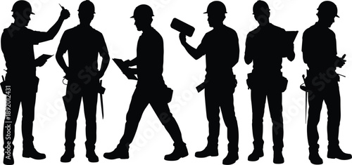 Construction worker silhouettes holding tools and documents, builders communicating and inspecting work, industrial labor professionals isolated on white background