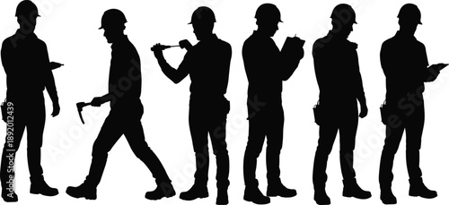 Construction worker silhouettes holding tools and clipboard, builders walking and inspecting tasks, industrial labor professions isolated on white background studio