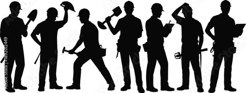 Construction worker silhouettes holding tools in different poses representing teamwork, skilled labor, industry, craftsmanship, engineering, and professional workforce concept