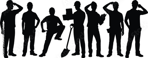 Construction worker silhouettes in hard hats holding tools and documents, professional builders standing in different poses isolated on white