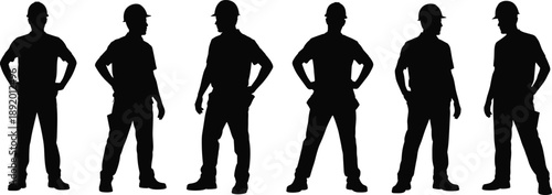 Construction worker silhouettes in hard hats, male builders standing confidently, industrial labor poses isolated on white background