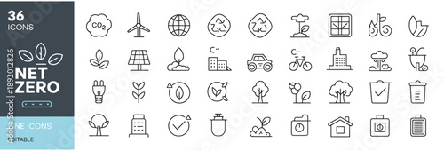 net zero line icons set for carbon reduction, sustainable energy, climate action, green technology, recycling, eco friendly solutions, editable stroke design.
