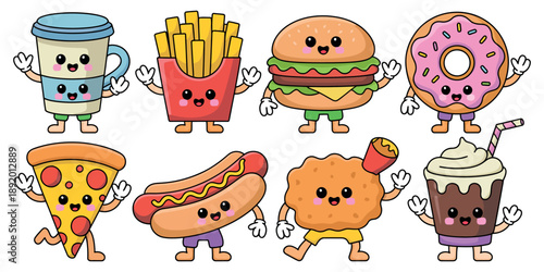 Fast Food Drawn Characters Meal and Street Food Mascots Flat Vector Style Isolated on White