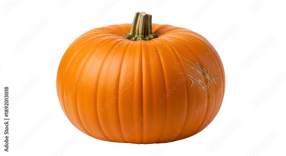 Obraz premium A round, vibrant orange autumn pumpkin with a textured surface, stem, and slight blemishes