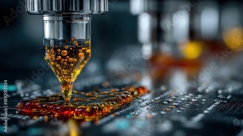 Macro shot of a 3D bioprinter nozzle forming translucent organic tissue in a glass bioreactor with glowing nutrient liquid.