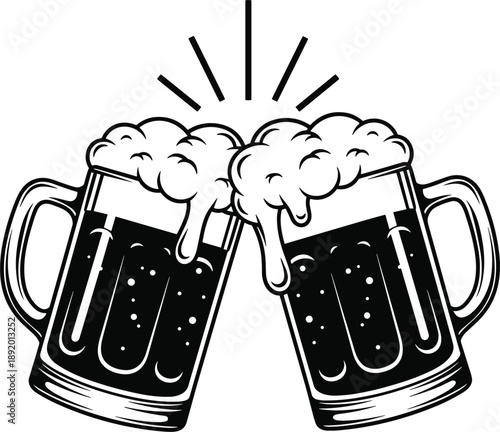 Two beer mugs clinking together with foam and bubbles