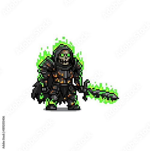 pixel art flaming zombie knight engulfed in cursed green fire, burned armor, molten undead warrior